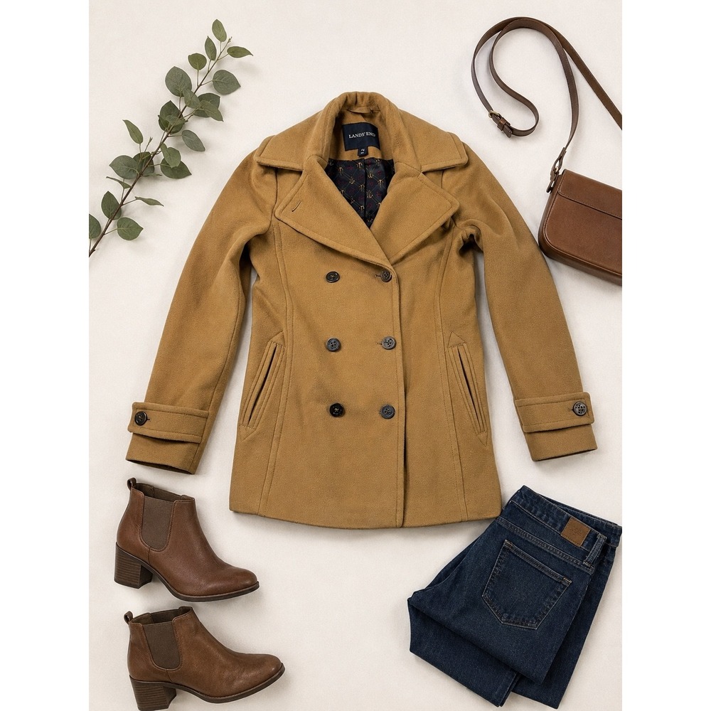 Lands End Womens Camel Tan Wool Cashmere Blend Pea Coat Jacket Anchor Lining 4T